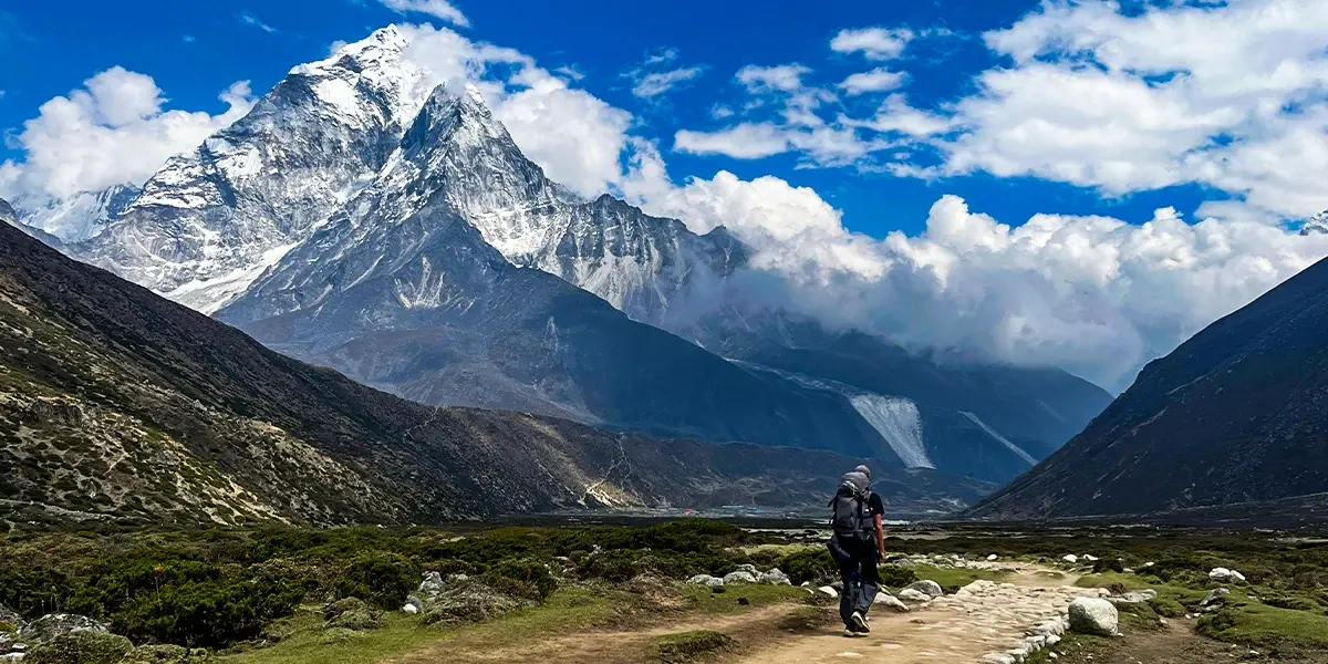 Trekker overlooking the Himalayas